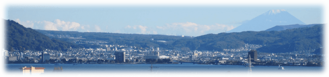 高台から街を見下ろした風景。遠くには大きな山が見える